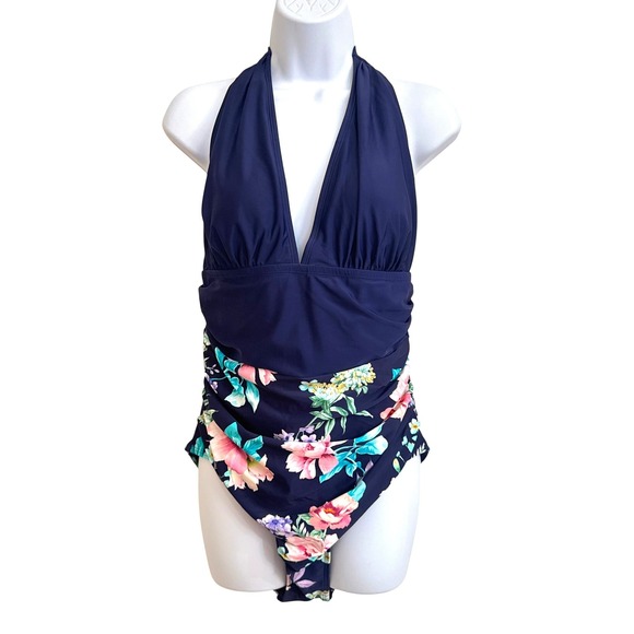 Cupshe Other - Cupshe Navy Blue Floral Halter One Piece Swimsuit XL‎